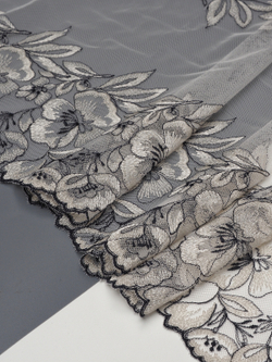 Кружево вышивка на сетке экрю с черным неэластичная ширина 36 см