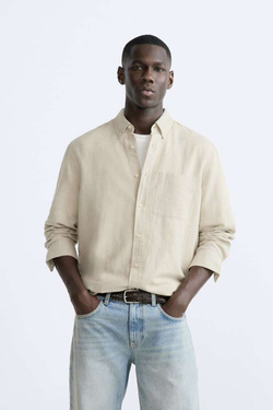 ZARA РУБАШКА ИЗ СМЕСОВОГО ЛЬНА, СВЕТЛО-БЕЖЕВЫЙ