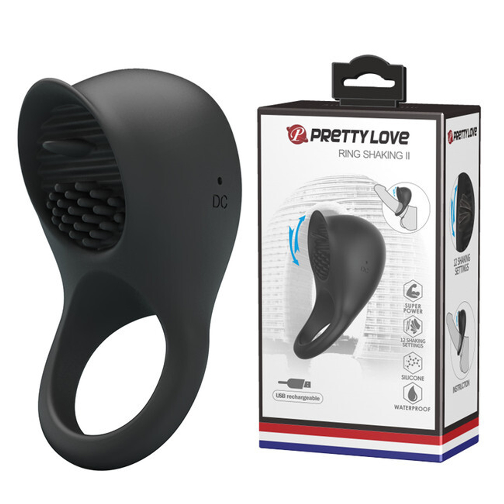 Эрекционное виброкольцо с клиторальным стимулятором - язычком Pretty Love Ring Shaking II (Цвет: черный)