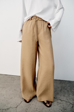 ZARA ПРЯМЫЕ БРЮКИ С ПОЯСОМ, ПЕСОЧНЫЙ