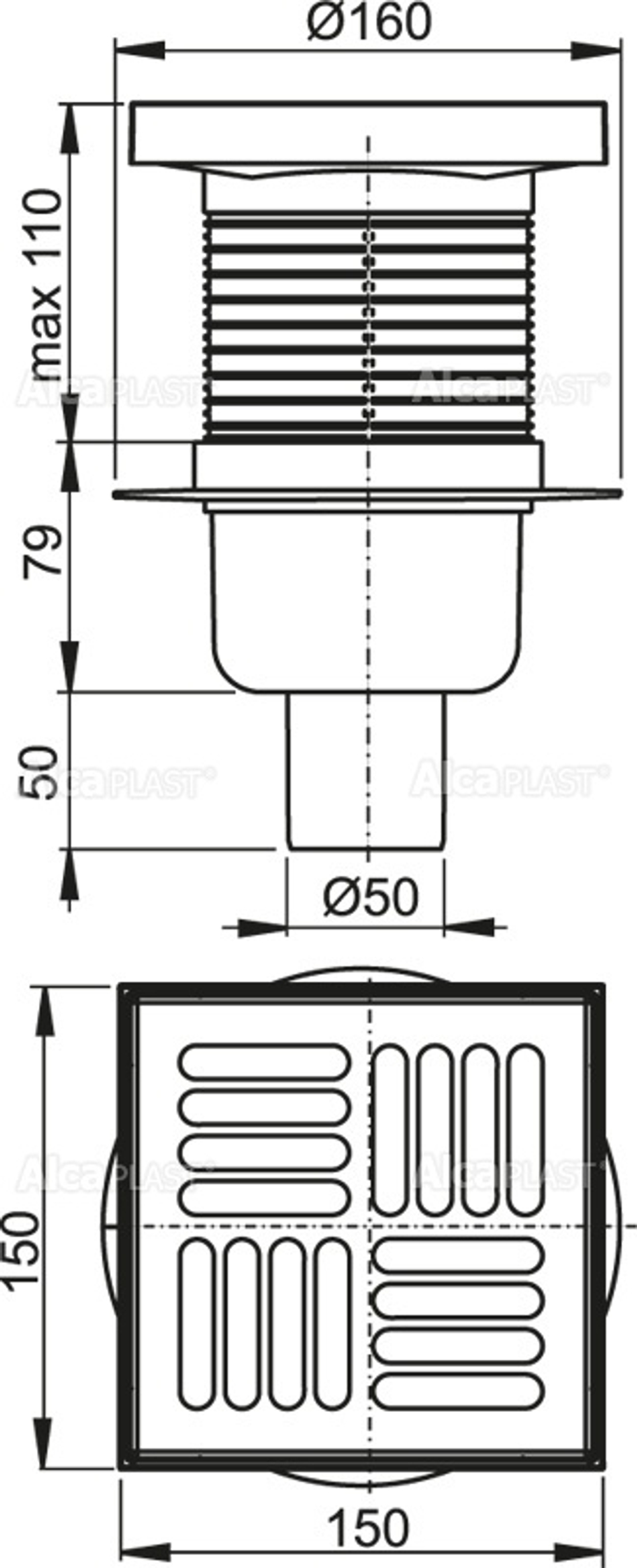 Сливной трап AlcaPlast APV6411 150 x 150/50