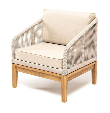 "Канны" кресло плетеное из роупа, основание дуб, роуп бежевый круглый, ткань бежевая 035