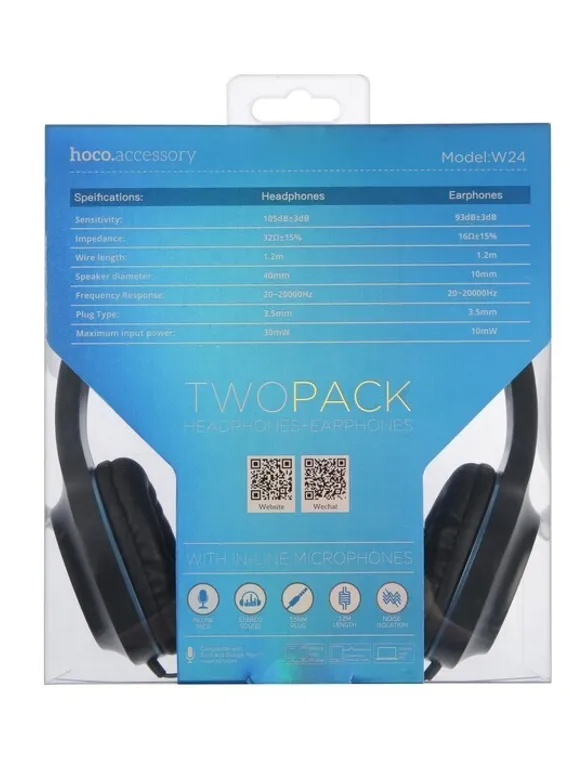 Комплект наушников Hoco W24, проводные, полноразмерные + вакуумные, проводные, синие