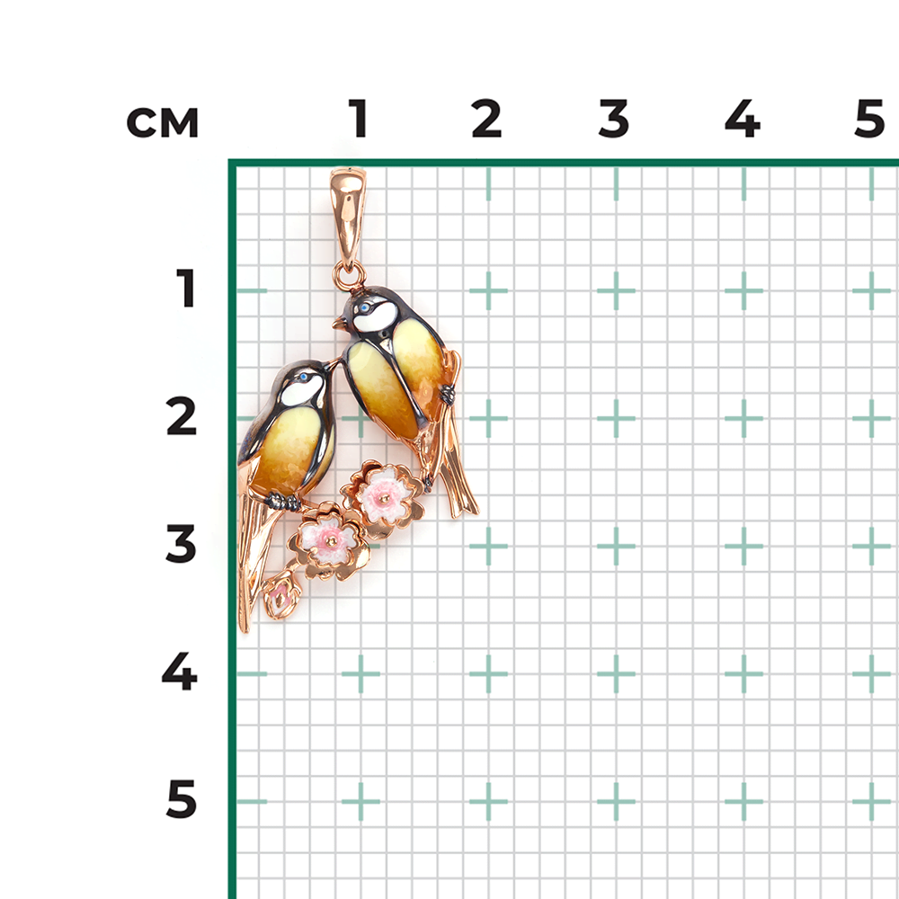 Подвеска «Синички» из красного золота с эмалью