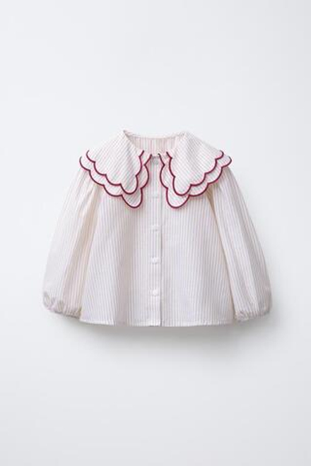 ZARA РУБАШКА В ПОЛОСКУ С ДВОЙНЫМ ВОРОТНИКОМ, ПЕСОЧНЫЙ