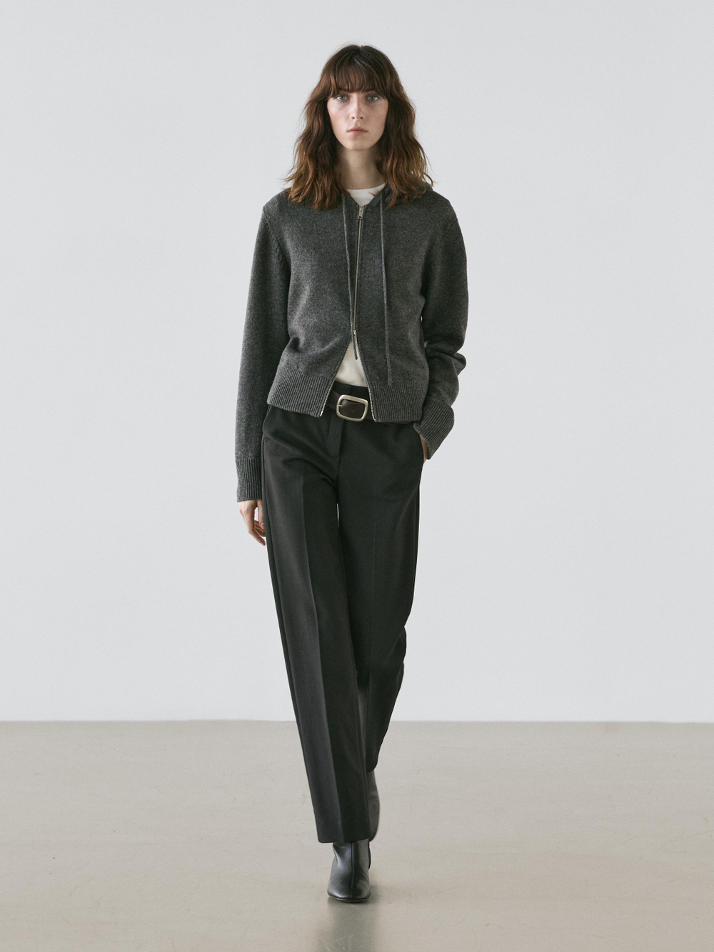 Massimo Dutti Кардиган из смесовой шерсти с застежкой-молнией и капюшоном, серый