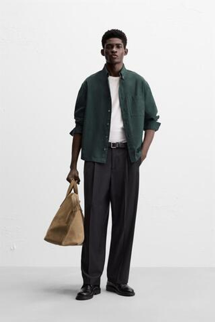 ZARA РУБАШКА ИЗ ХЛОПКА И ЛИОЦЕЛЛА, ЗЕЛЕНОВАТО-СИНИЙ