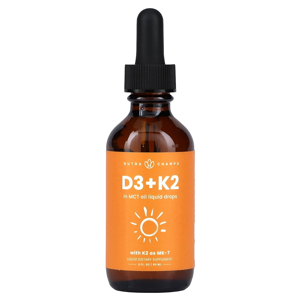 NutraChamps, Жидкие капли D3 + K2, без добавок, 60 мл (2 жидк. унц.)
