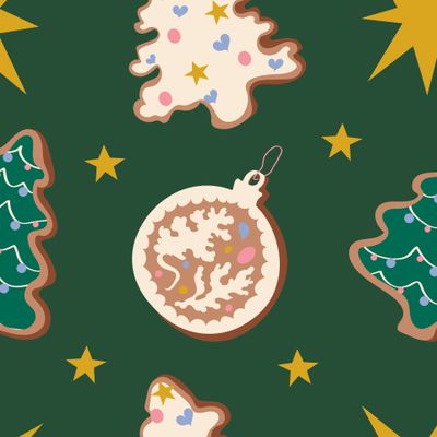 Новогодние пряники и золотые звёзды на зелёном фоне. Ёлочки и шарик. Рождество