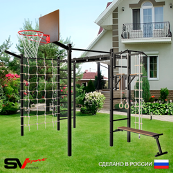 Уличная шведская стенка Sv Sport рукоход с комплектом турник прямой 2шт У5107К (Турник/Брусья/Скамья/Щит баскет/Кронш бокс/Канат/кольца/лестница/Сетка)