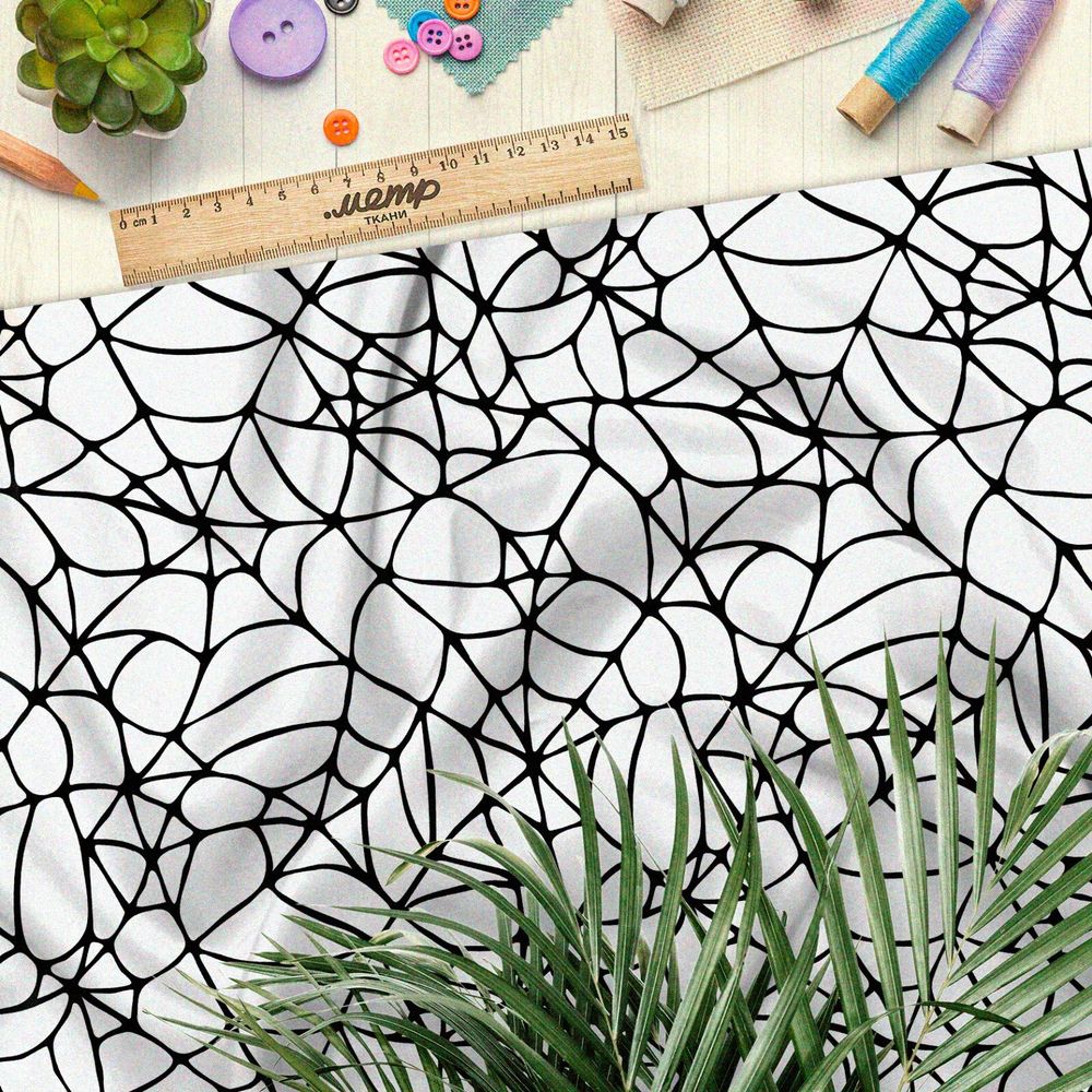 Ткань ниагара крупная чёрная паутина на белом фоне