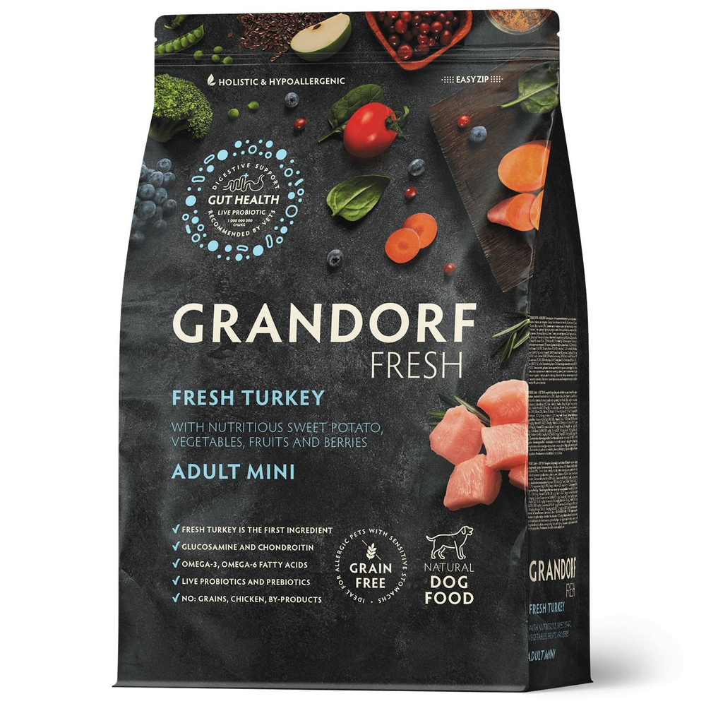 Сухой корм GRANDORF FRESH DOG Turkey MINI, индейка с бататом для взрослых собак мелких пород, диетическая формула для особо аллергичных собак 3кг
