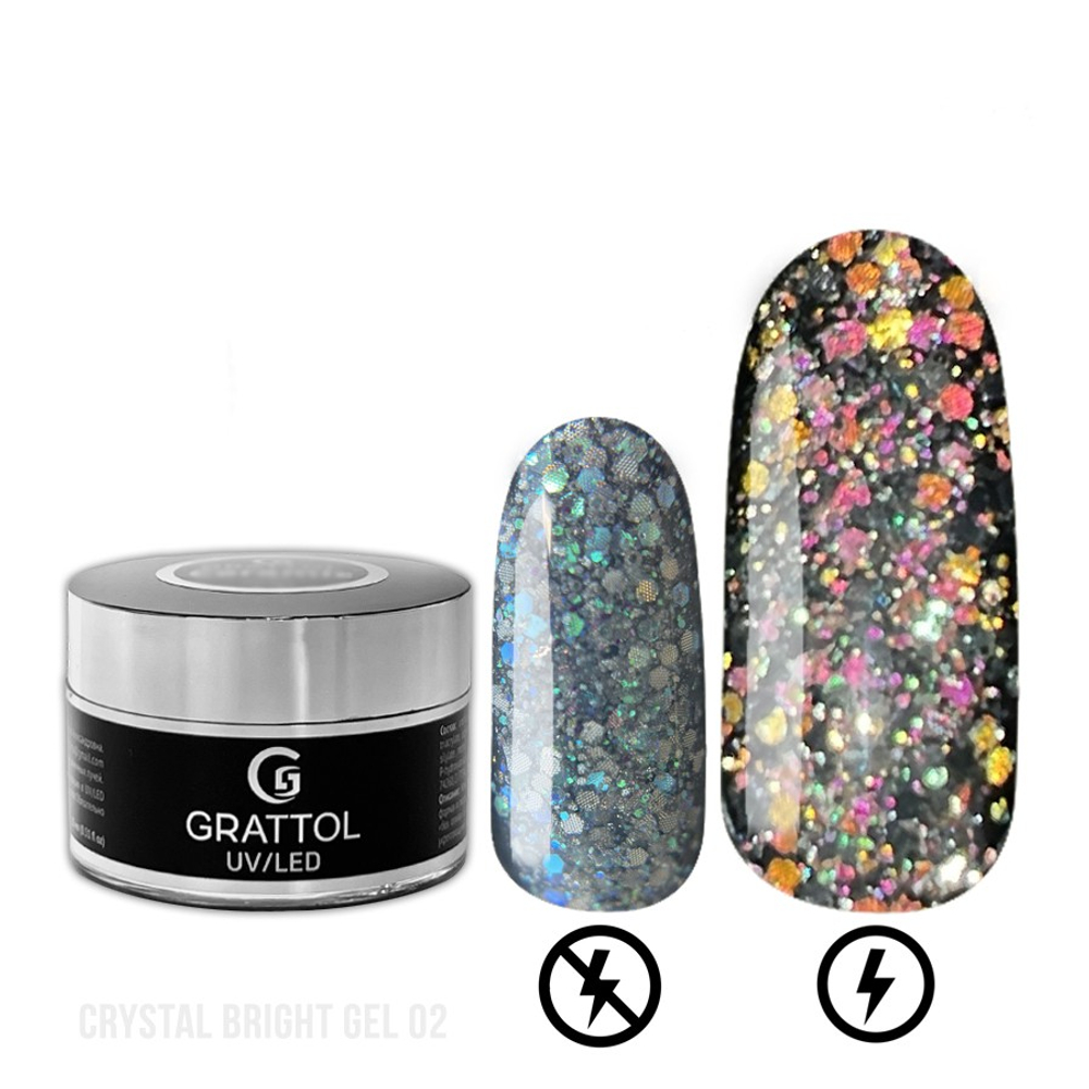 GRATTOL Гель с светоотражающим крупным глиттером Gel Crystal Bright 02, 15 мл
