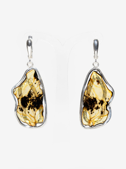 Уникальные серебряные серьги с цельным пейзажным янтарем, серебро 925 пробы