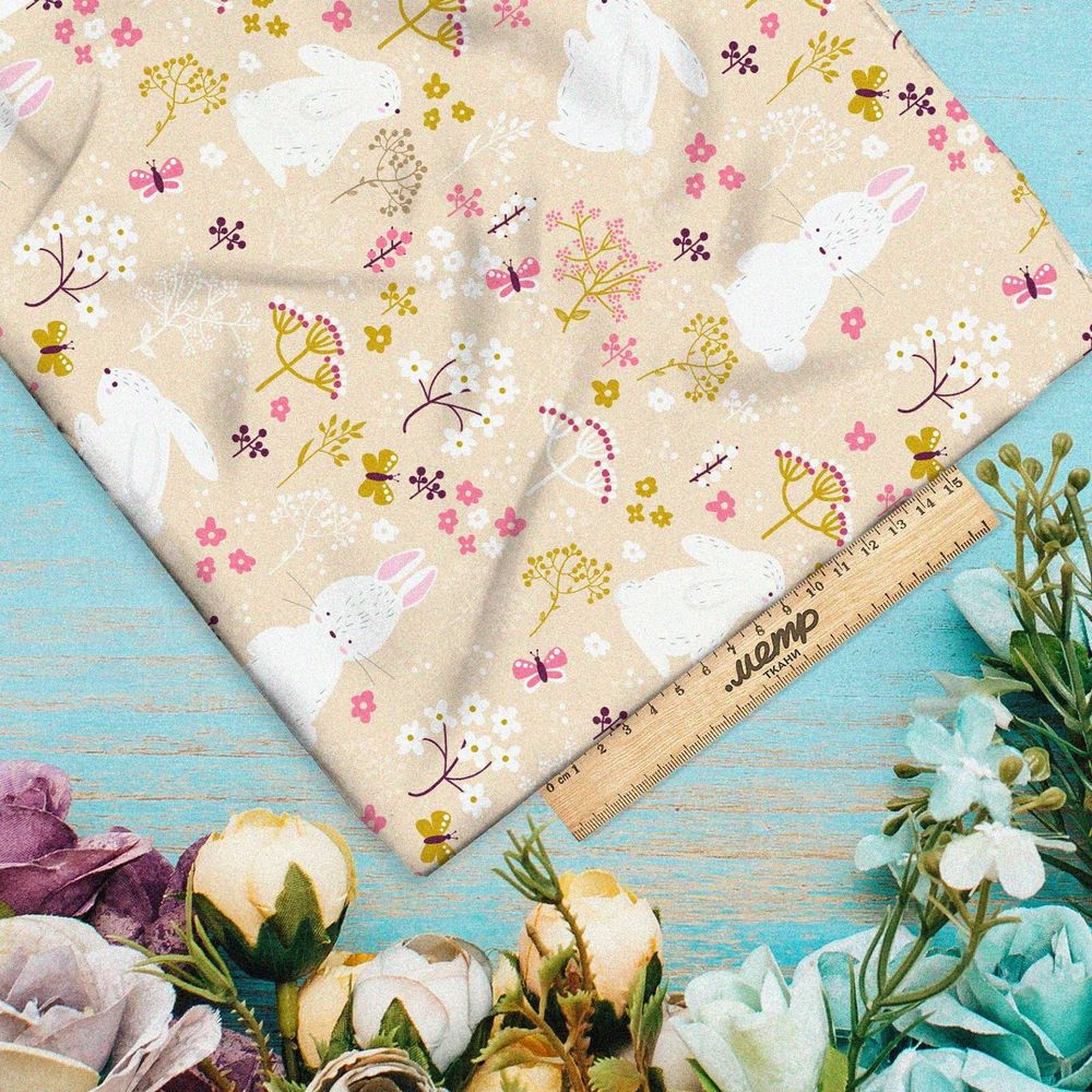 Ткань интерлок белые зайки в поле