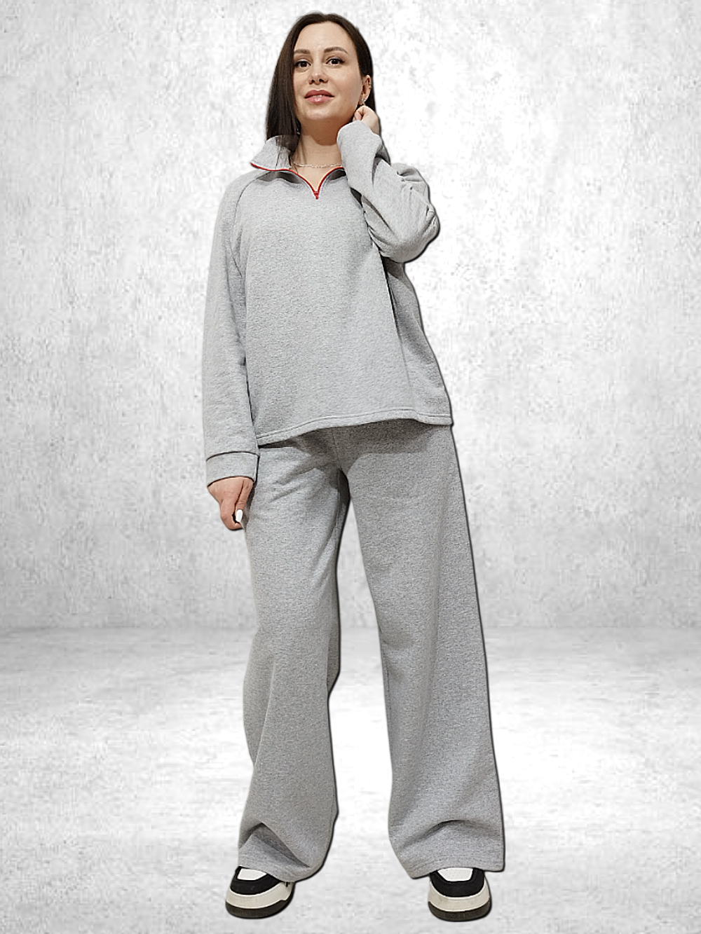 20831 Костюм женский ворот на кор. замке, брюки палацо, футер 2-х нитка начес серый меланж (52)