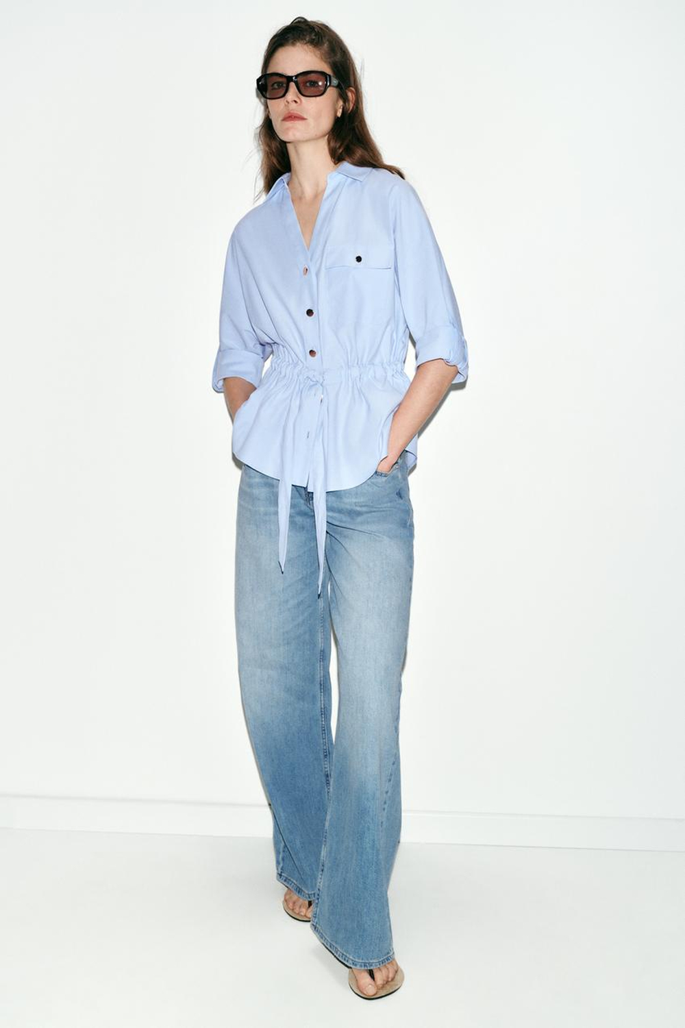ZARA РУБАШКА-САФАРИ ИЗ ПОПЛИНА, ГОЛУБОЙ