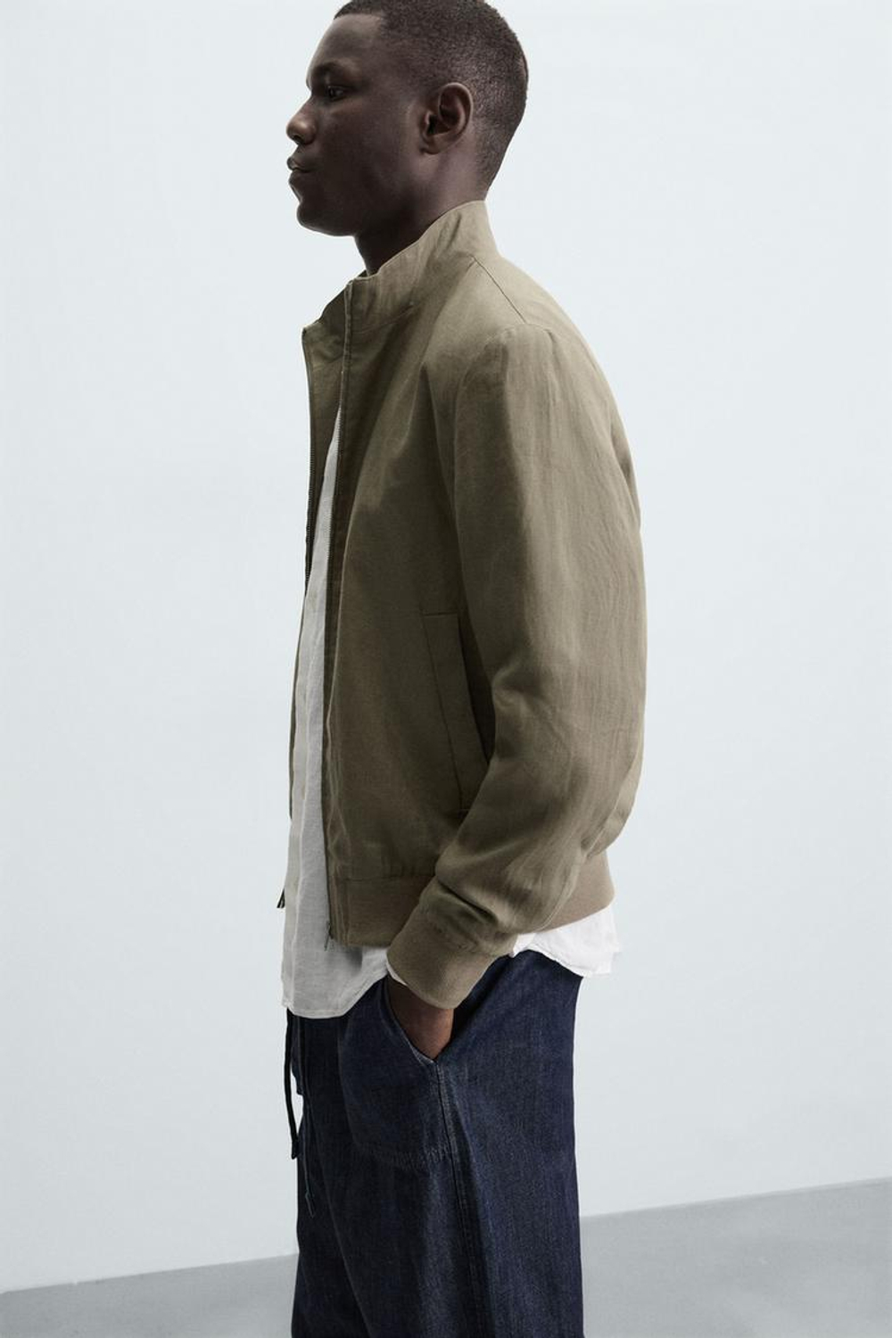 ZARA БОМБЕР ИЗ 100% ЛЬНА, СВЕТЛЫЙ ХАКИ