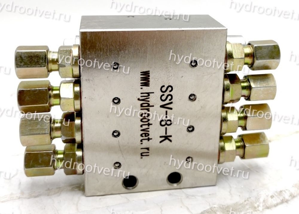 SSV-8-K - Питатель для прогрессивных систем смазки с рабочим давлением 300 бар, количество выходов 8, максимальная доза 0,2 мл/цикл, под электрический индикатор