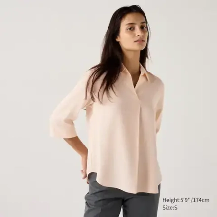 UNIQLO БЛУЗКА СО ШКИПЕРСКИМ ВОРОТНИКОМ ИЗ ВИСКОЗЫ (РУКАВ 3/4), РОЗОВЫЙ