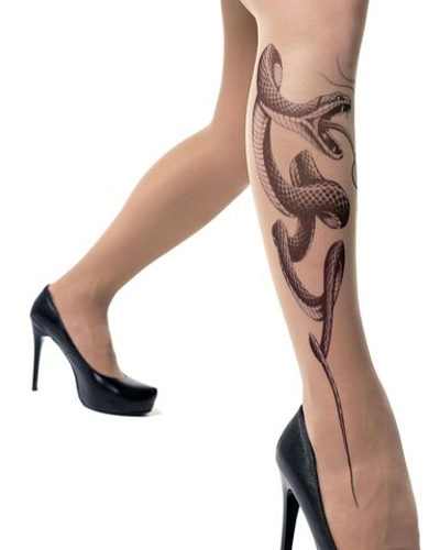 Колготки с принтом в виде змеи на правой ножке (Размер: S-M-L) (Цвет: бежевый)