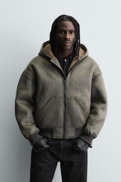 ZARA КУРТКА - ДУБЛЕНКА ИЗ ИСКУССТВЕННОЙ КОЖИ С ЭФФЕКТОМ ПОТЕРТОСТИ, ЗЕЛЕНЫЙ ХАКИ