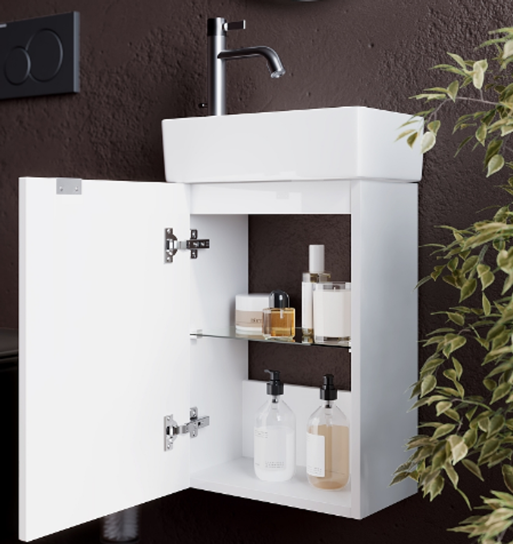 Тумба подвесная SANCOS Mini 355х205х500, с распашной дверцей, внутри 1 полка, белый глянец , арт.MN35WL