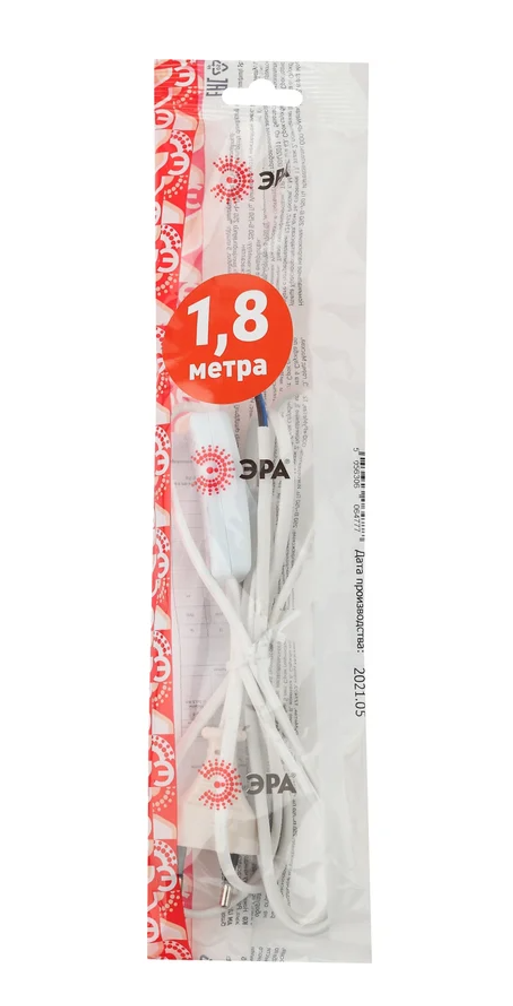 Шнур для бра с вилкой без З/К с выключателем ШВВП 2х0,5 1,8м белый ЭРА