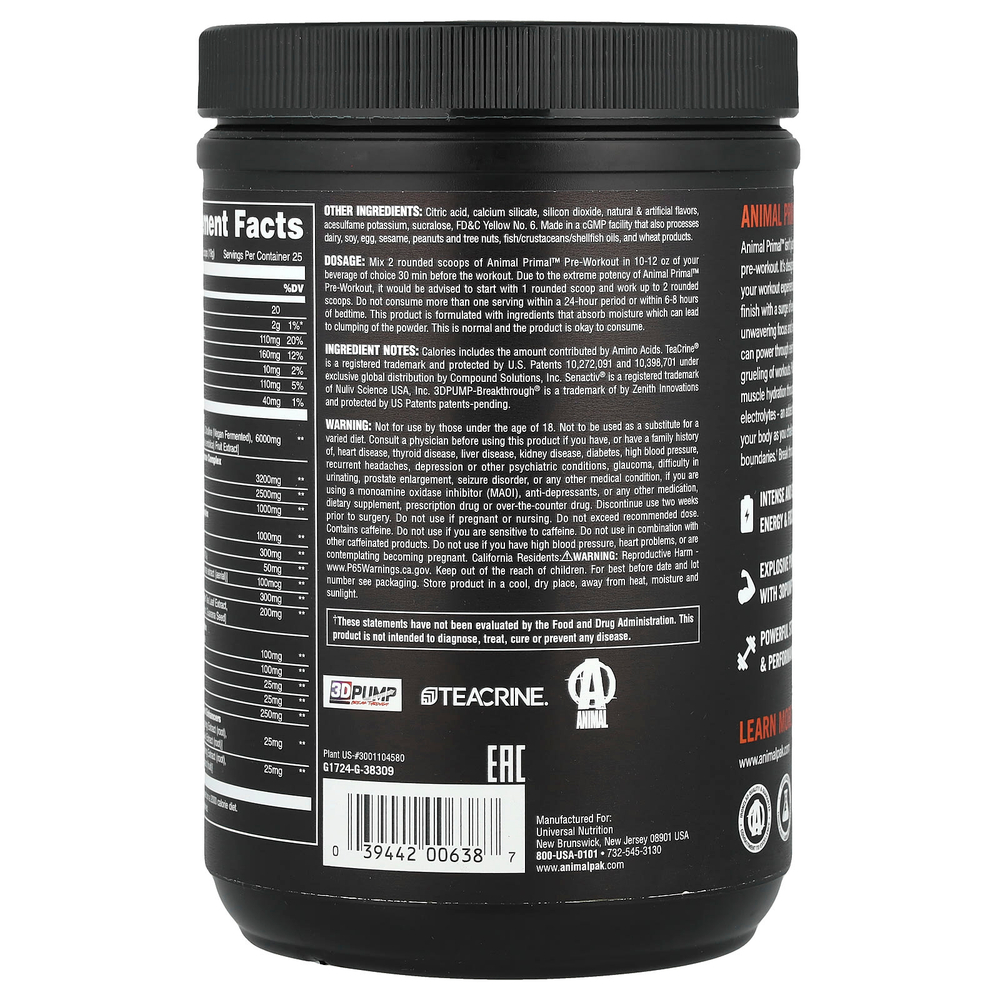 Animal, Порошок Primal ™ перед тренировкой, персиковый, 475 г (1,04 фунта)
