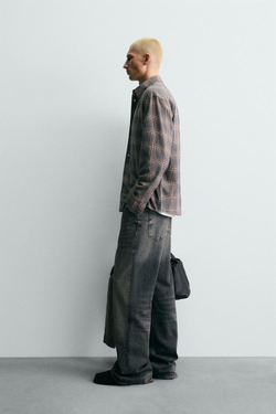 ZARA РУБАШКА RELAXED FIT В КЛЕТКУ, СЕРЫЙ МЕЛАНЖ