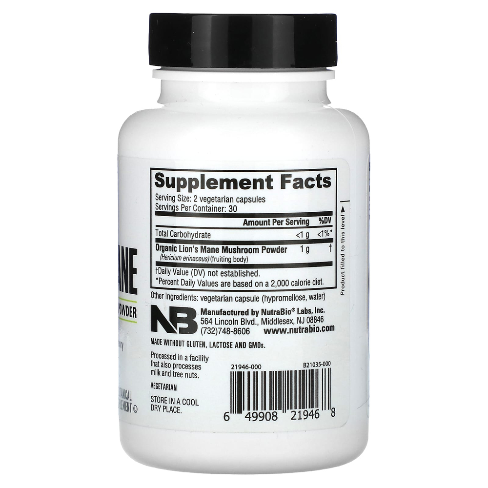 NutraBio, Органическая львиная грива, 60 капсул (0,5 г в 1 капсуле)