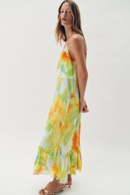 ZARA ПЛАТЬЕ МИДИ С ВОЛАНАМИ И ПРИНТОМ, ЖЕЛТЫЙ