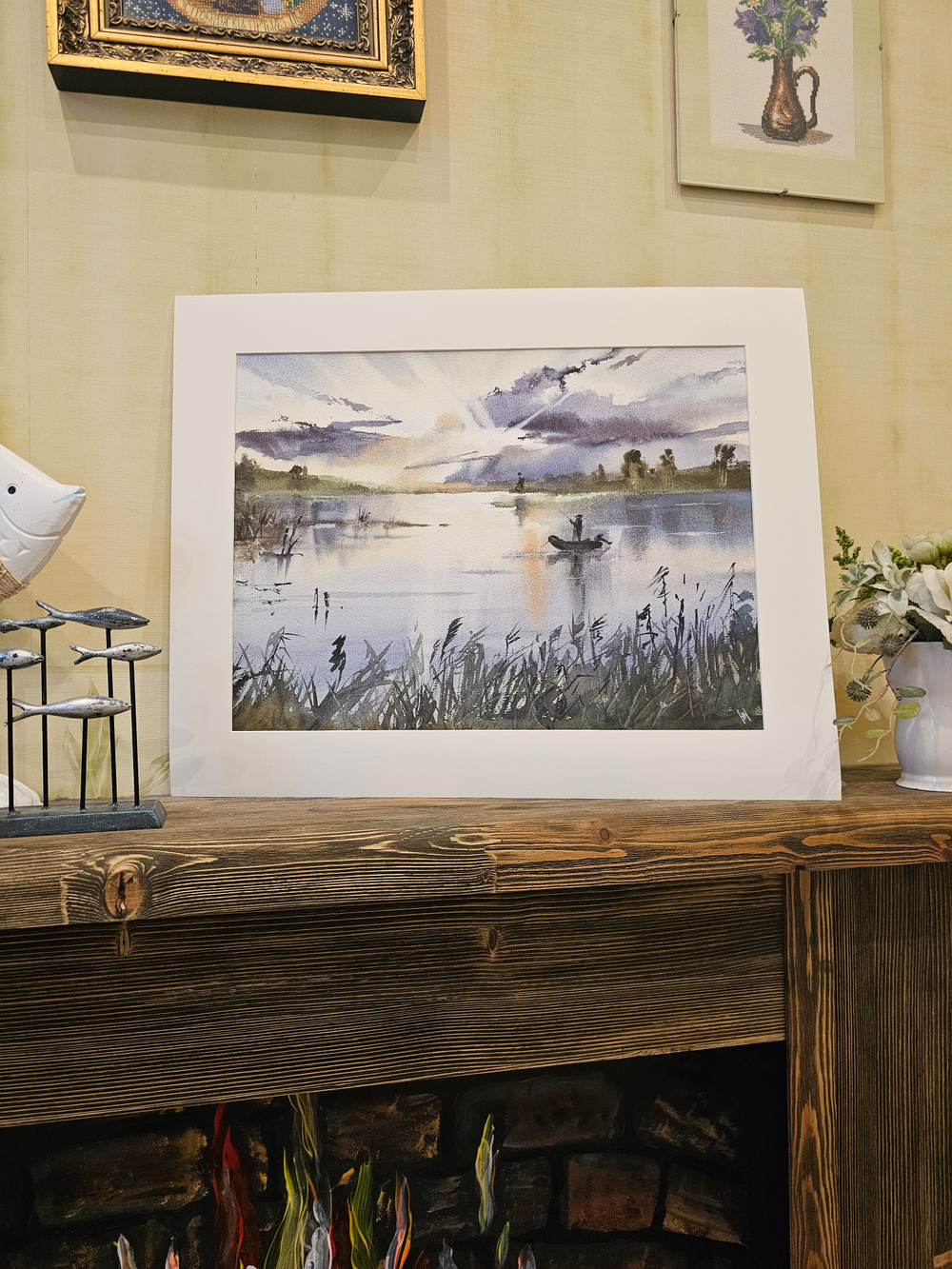 Картина авторская акварельная в паспарту 40х50 см на стену для интерьера "На вечерней зорьке"