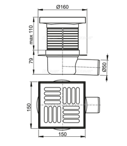 Сливной трап APV5411 150*150/50, подвотка -боковая, решетка- нержавеющая сталь, гидрозатвор- мокрый
