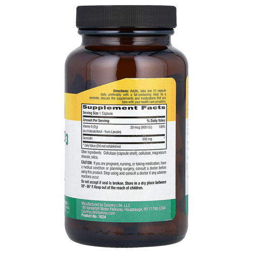 Country Life, кверцетин и витамин D3, 90 вегетарианских капсул