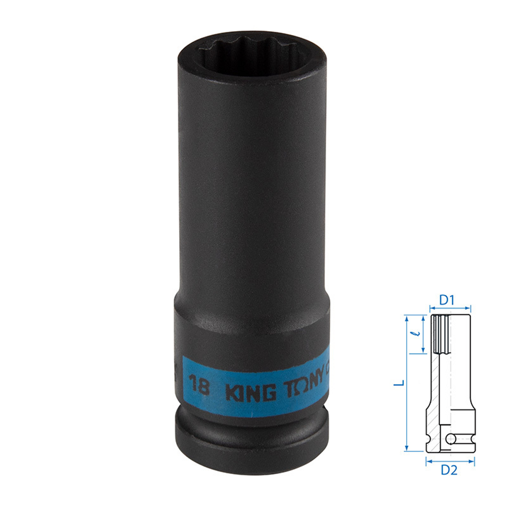 KING TONY (443018M) Головка торцевая ударная глубокая двенадцатигранная 1/2", 18 мм