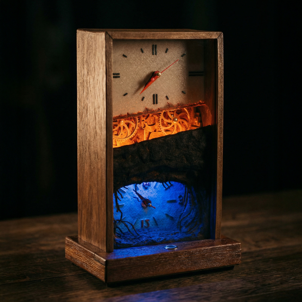 Настольные часы "Изнанка" - арт-объект с двумя циферблатами и подсветкой