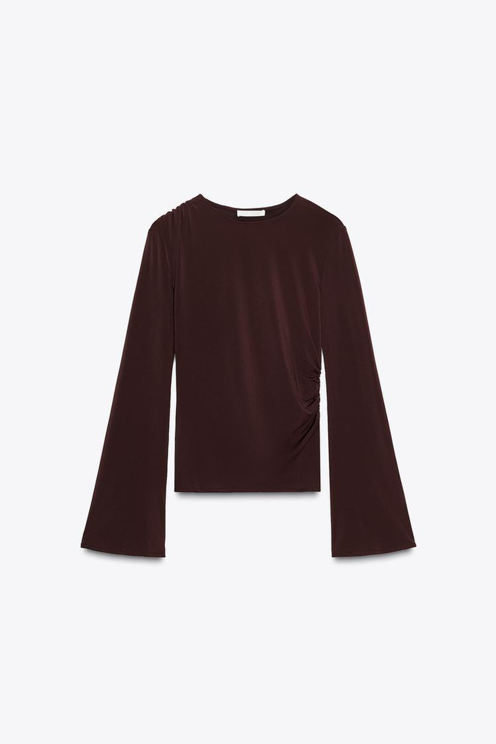 ZARA ФУТБОЛКА С ДЛИННЫМИ РУКАВАМИ И СБОРКАМИ, КОРИЧНЕВЫЙ