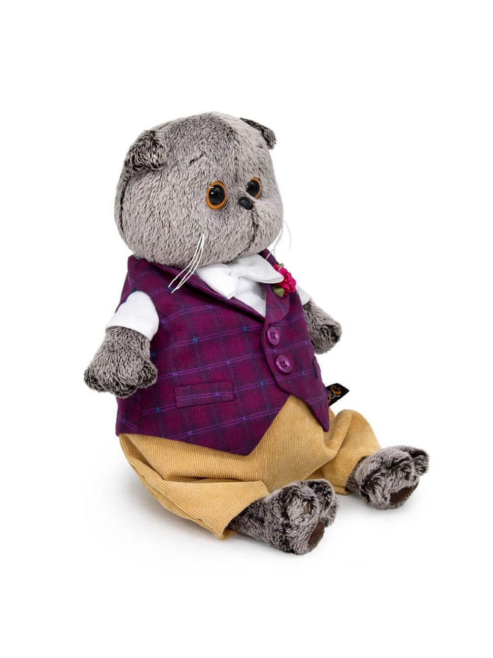 Мягкая игрушка Басик в бордовом жилете с розочкой 30см