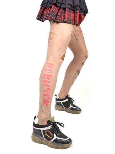 Молодежные колготки с цветным принтом в виде надписей (Размер: S-M-L) (Цвет: бежевый)