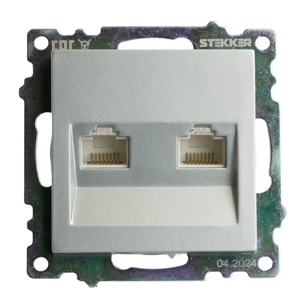 Розетка компьютерная 2-местная RJ-45 (механизм) STEKKER GLS00-7109-03 , серия Катрин, серебро 50005
