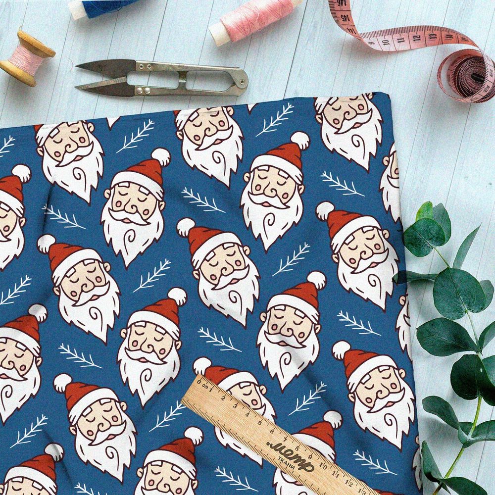 Ткань дюспо спящий санта-клаус на синем фоне