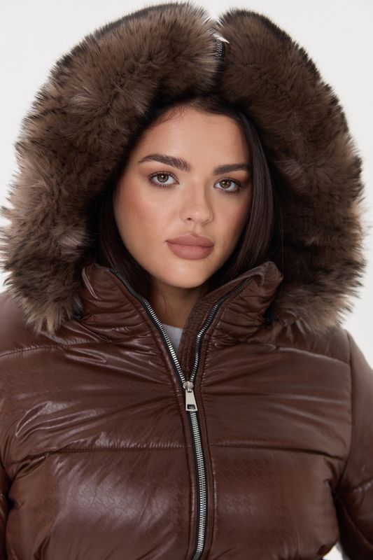 Куртка-парка с меховым капюшоном, коричневый
