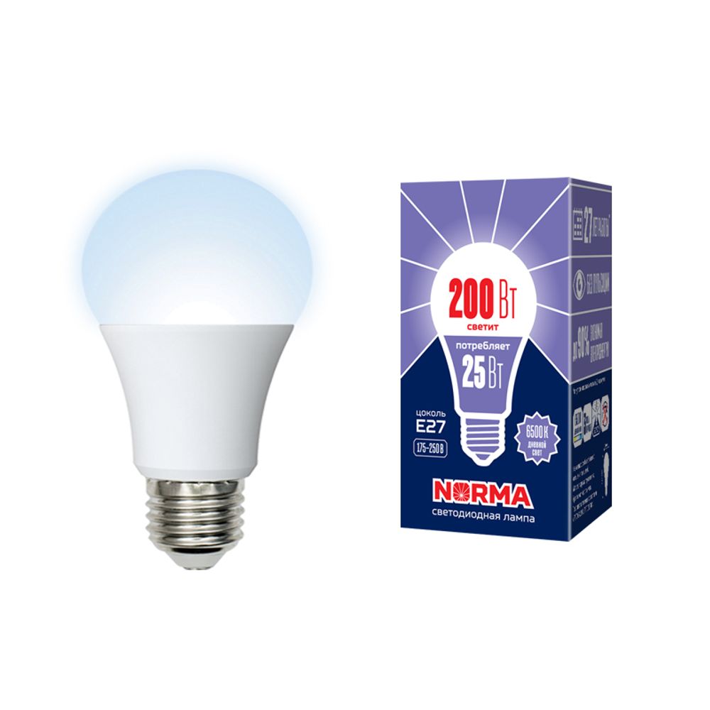 LED-A70-25W/6500K/E27/FR/NR Лампа светодиодная. Форма A, матовая. Серия Norma. Дневной белый свет (6500K). Картон. ТМ Volpe
