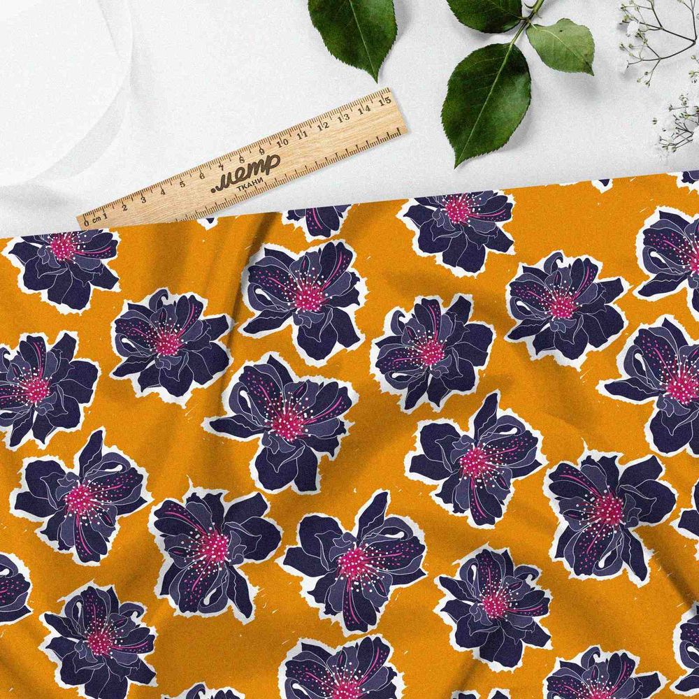 Ткань атлас синие цветы на горчичном фоне