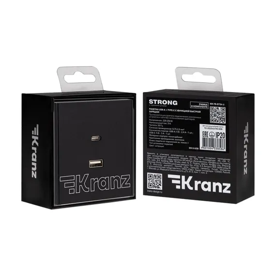 Розетка STRONG USB-A+Type-C 3А с функцией быстрой зарядки антрацит KRANZ