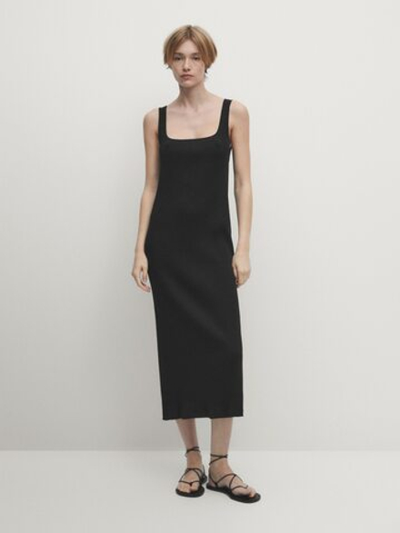 Massimo Dutti Платье в рубчик с квадратным вырезом, черный