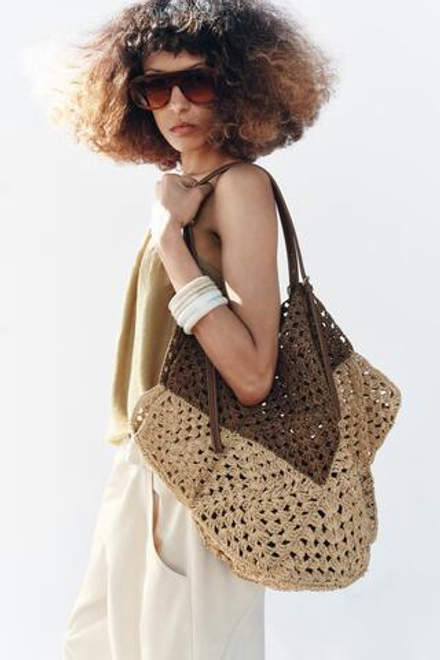 ZARA СУМКА-ШОПЕР С ПЛЕТЕНЫМ КОРПУСОМ, СВЕТЛО-БЕЖЕВЫЙ