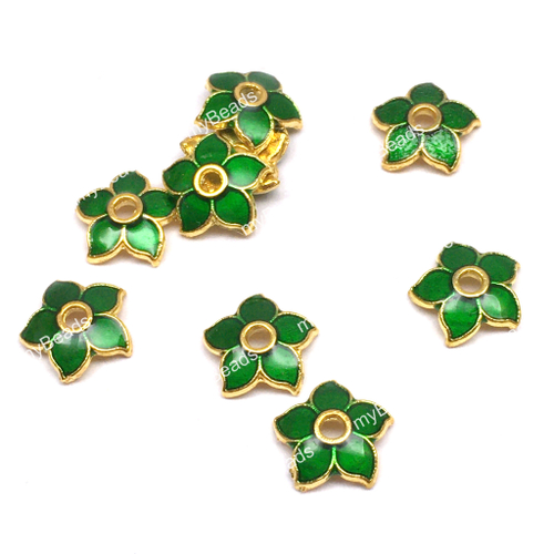 Шапочки с зеленой эмалью 8х2 мм, позолота