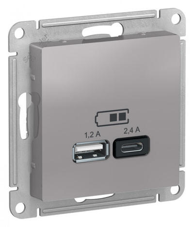 ATLASDESIGN USB РОЗЕТКА А+С, 5В/2,4А, 2х5В/1,2А, механизм, АЛЮМИНИЙ